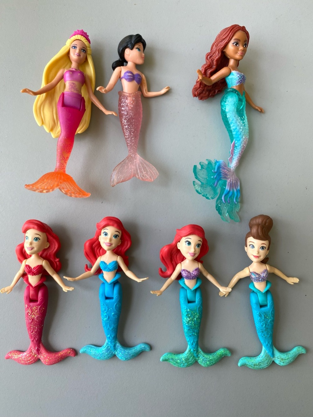 7 Mermaids! Hasbro Disney, Mattel Disney, Mattel Barbie Mermaid. 3.5”-4”
